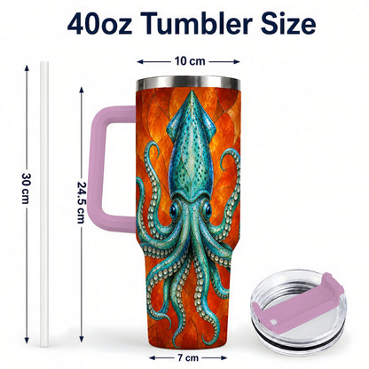 #pl[40oz|Pink] Stained Glass Squid 40oz Tumbler with Handle, Ocean Creature Travel Cup