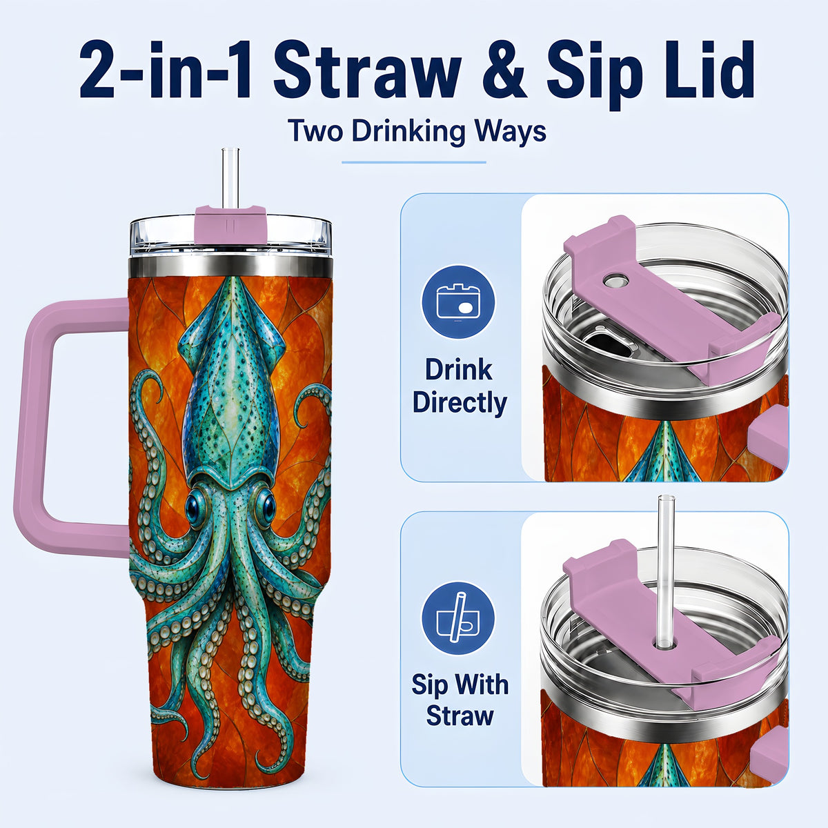 #pl[40oz|Pink] Stained Glass Squid 40oz Tumbler with Handle, Ocean Creature Travel Cup