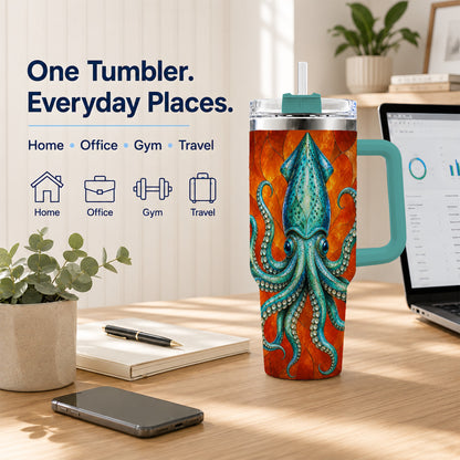 #pl[40oz|Green] Stained Glass Squid 40oz Tumbler with Handle, Ocean Creature Travel Cup