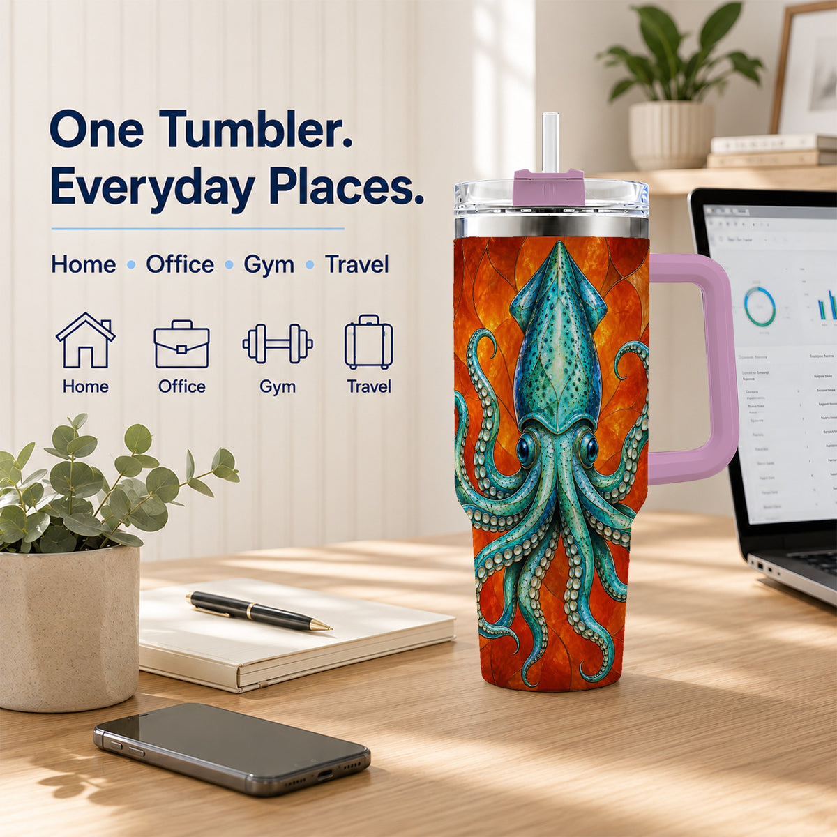 #pl[40oz|Pink] Stained Glass Squid 40oz Tumbler with Handle, Ocean Creature Travel Cup