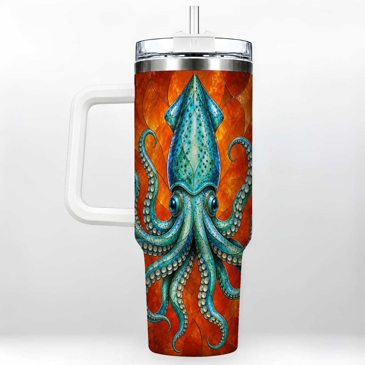 Stained Glass Squid 40oz Tumbler with Handle, Ocean Creature Travel Cup