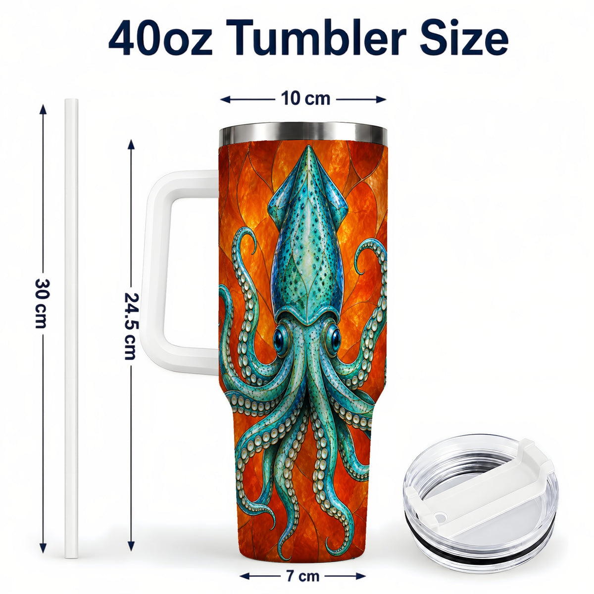 #pl[40oz|White] Stained Glass Squid 40oz Tumbler with Handle, Ocean Creature Travel Cup