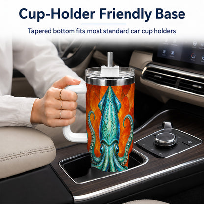 #pl[40oz|White] Stained Glass Squid 40oz Tumbler with Handle, Ocean Creature Travel Cup