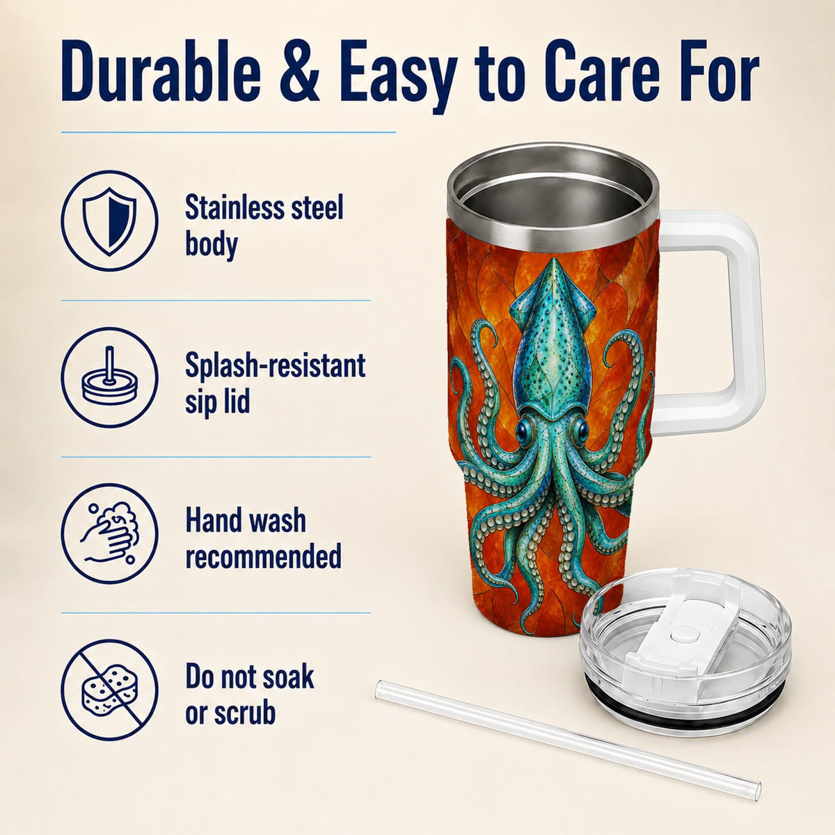#pl[40oz|White] Stained Glass Squid 40oz Tumbler with Handle, Ocean Creature Travel Cup