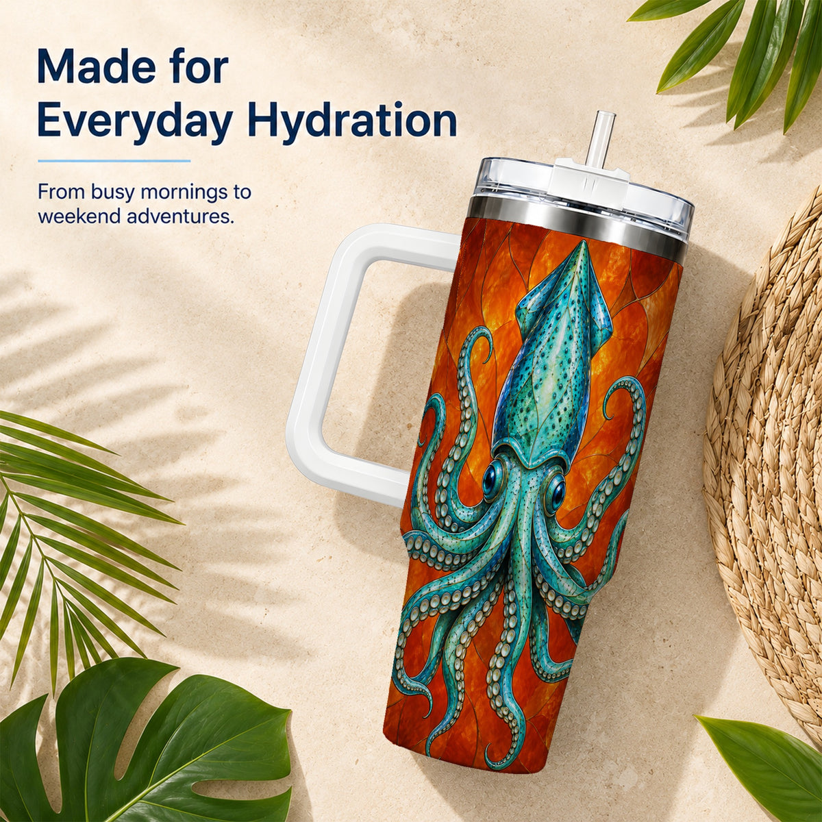 #pl[40oz|White] Stained Glass Squid 40oz Tumbler with Handle, Ocean Creature Travel Cup