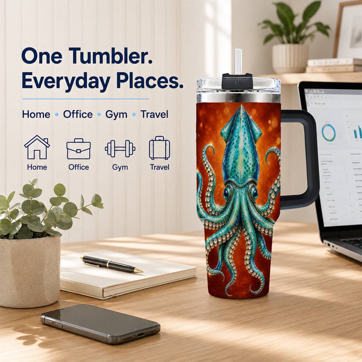#pl[40oz|Black] Luminous Blue Squid 40oz Tumbler with Handle, Ocean Creature Travel Cup