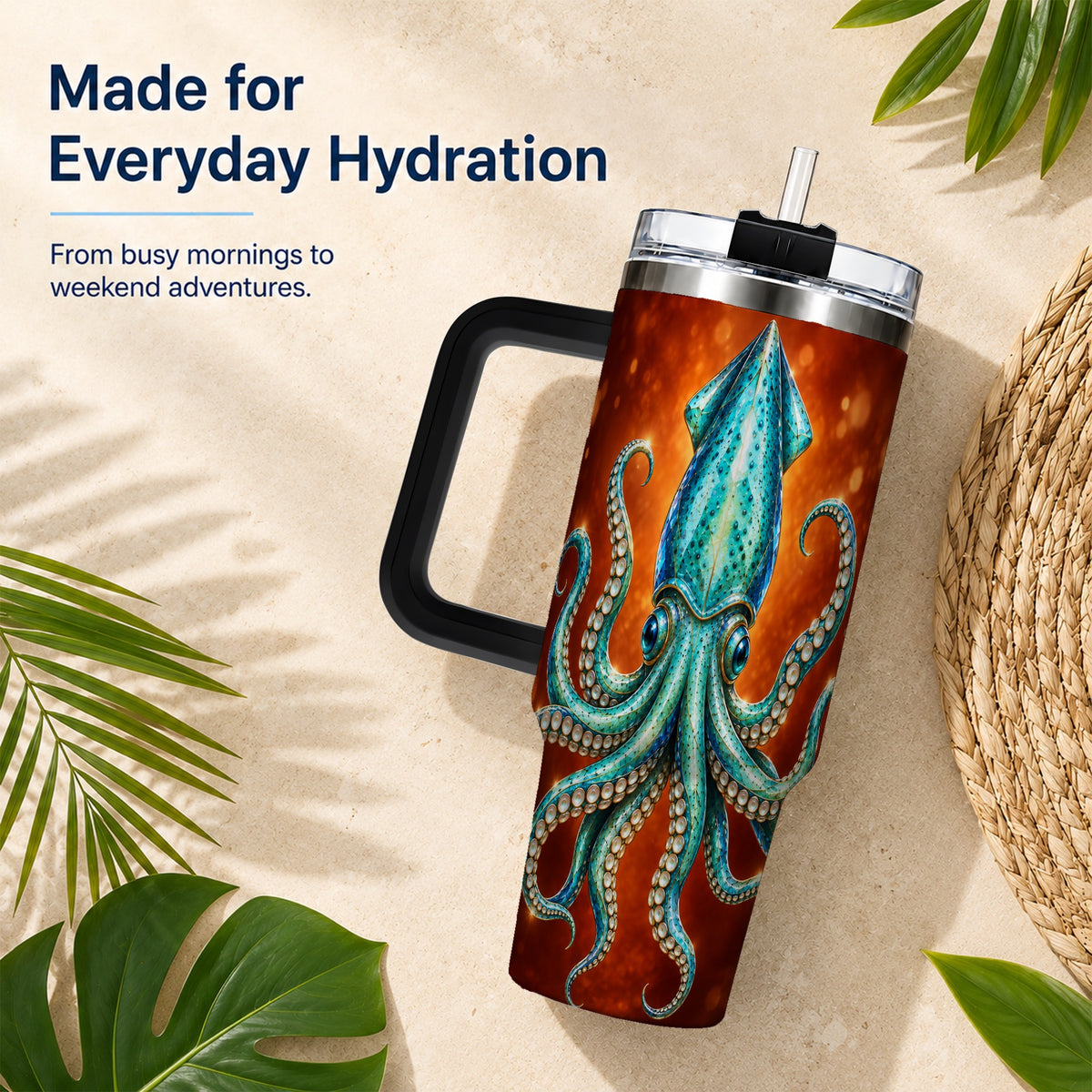 #pl[40oz|Black] Luminous Blue Squid 40oz Tumbler with Handle, Ocean Creature Travel Cup