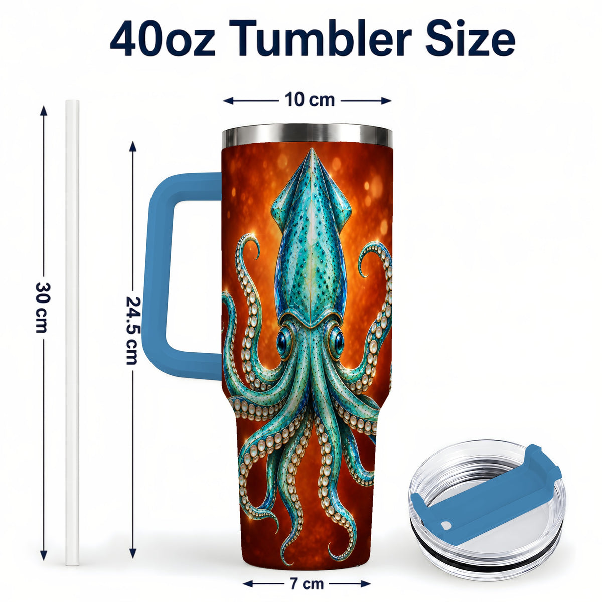#pl[40oz|Blue] Luminous Blue Squid 40oz Tumbler with Handle, Ocean Creature Travel Cup