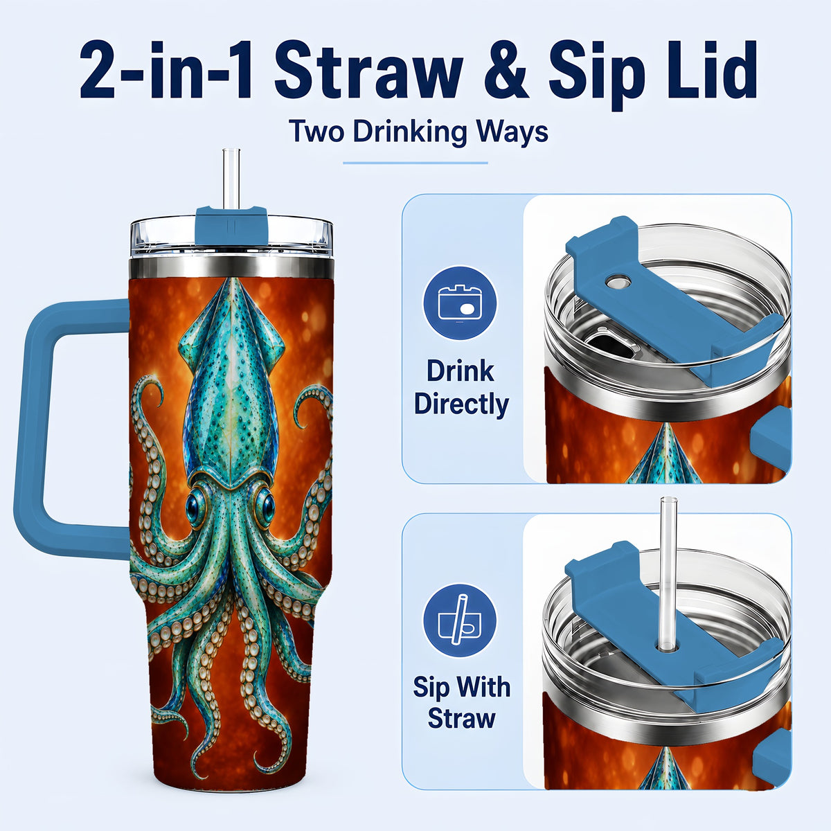 #pl[40oz|Blue] Luminous Blue Squid 40oz Tumbler with Handle, Ocean Creature Travel Cup