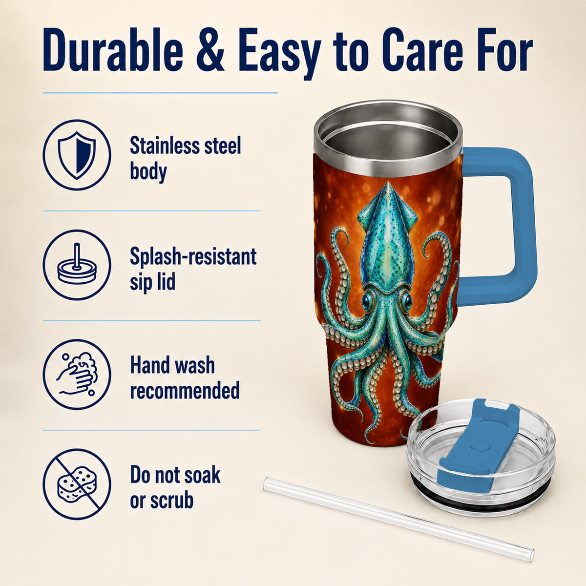 #pl[40oz|Blue] Luminous Blue Squid 40oz Tumbler with Handle, Ocean Creature Travel Cup