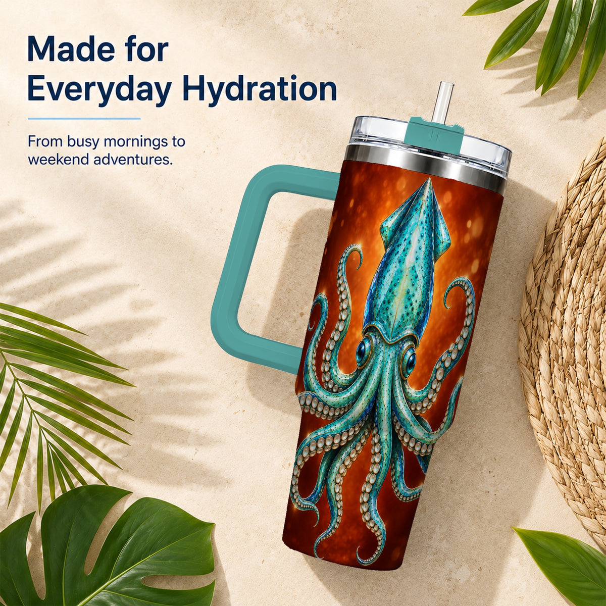 #pl[40oz|Green] Luminous Blue Squid 40oz Tumbler with Handle, Ocean Creature Travel Cup