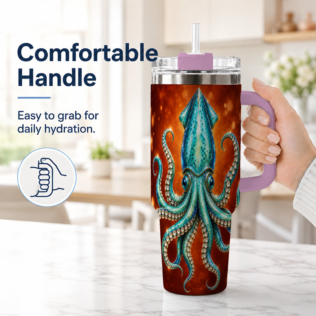 #pl[40oz|Pink] Luminous Blue Squid 40oz Tumbler with Handle, Ocean Creature Travel Cup