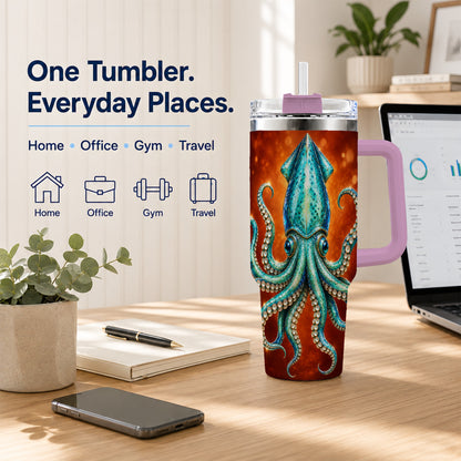 #pl[40oz|Pink] Luminous Blue Squid 40oz Tumbler with Handle, Ocean Creature Travel Cup