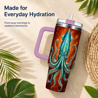 #pl[40oz|Pink] Luminous Blue Squid 40oz Tumbler with Handle, Ocean Creature Travel Cup
