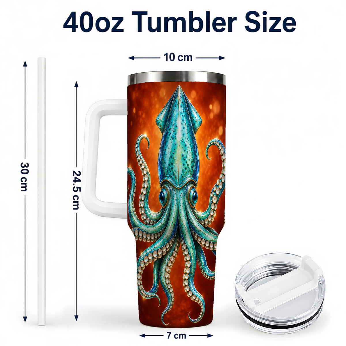 #pl[40oz|White] Luminous Blue Squid 40oz Tumbler with Handle, Ocean Creature Travel Cup