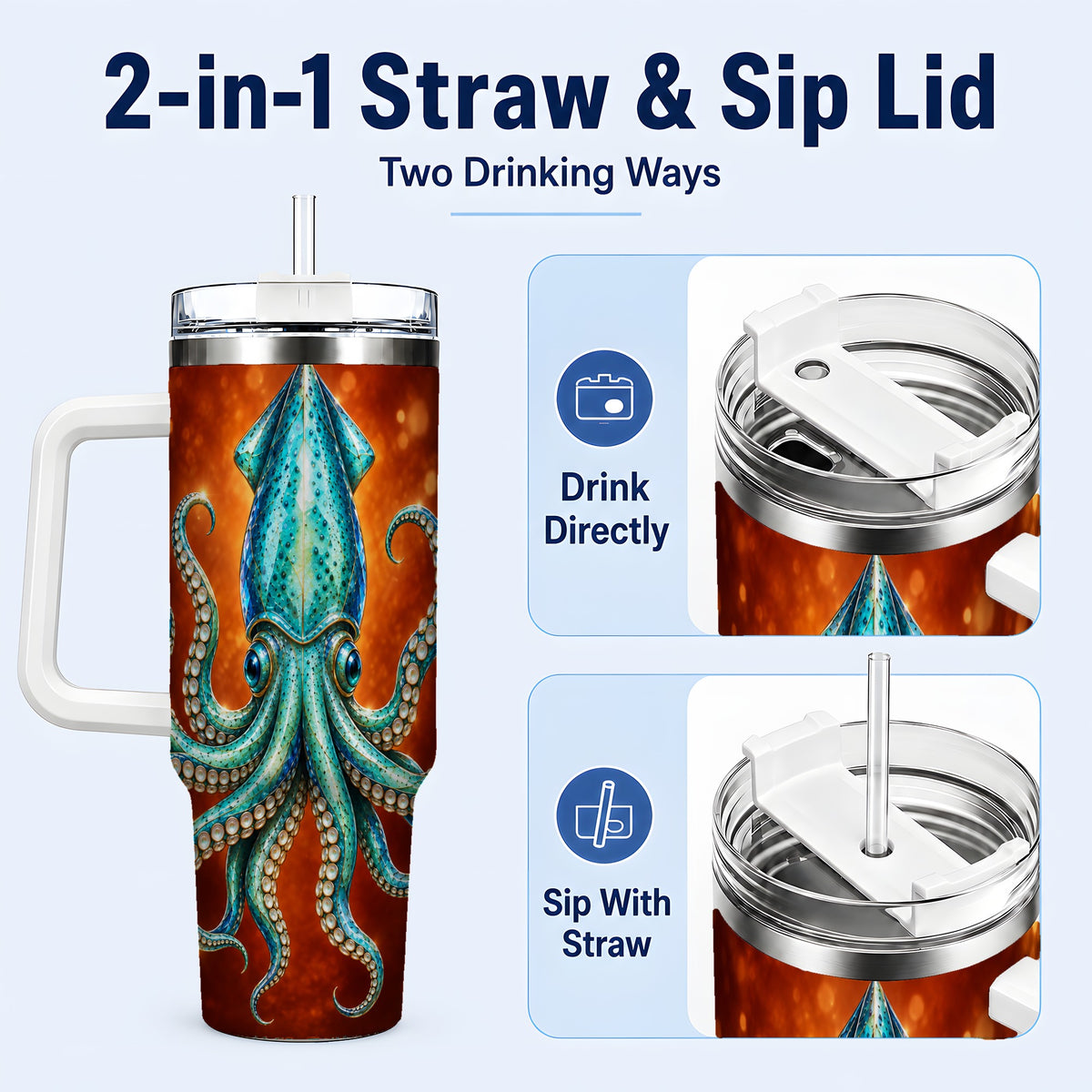 #pl[40oz|White] Luminous Blue Squid 40oz Tumbler with Handle, Ocean Creature Travel Cup