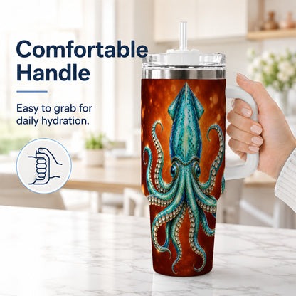 #pl[40oz|White] Luminous Blue Squid 40oz Tumbler with Handle, Ocean Creature Travel Cup