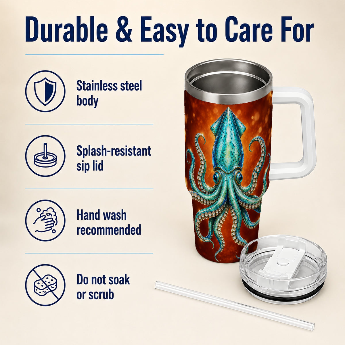 #pl[40oz|White] Luminous Blue Squid 40oz Tumbler with Handle, Ocean Creature Travel Cup