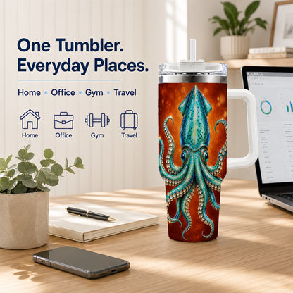 #pl[40oz|White] Luminous Blue Squid 40oz Tumbler with Handle, Ocean Creature Travel Cup