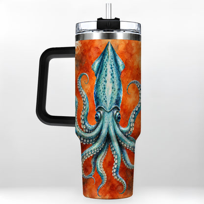 #pl[40oz|Black] Watercolor Blue Squid 40oz Tumbler with Handle, Ocean Creature Travel Cup
