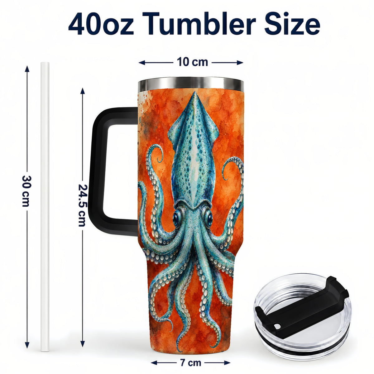 #pl[40oz|Black] Watercolor Blue Squid 40oz Tumbler with Handle, Ocean Creature Travel Cup