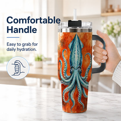 #pl[40oz|Black] Watercolor Blue Squid 40oz Tumbler with Handle, Ocean Creature Travel Cup