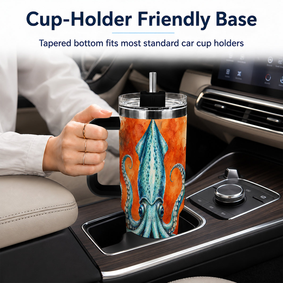 #pl[40oz|Black] Watercolor Blue Squid 40oz Tumbler with Handle, Ocean Creature Travel Cup