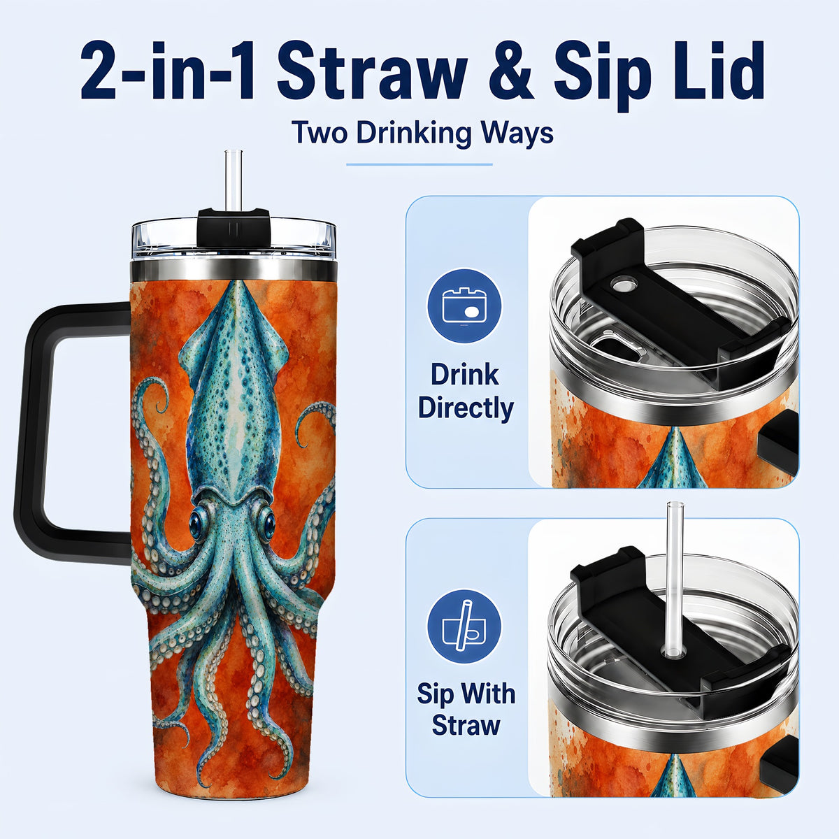 #pl[40oz|Black] Watercolor Blue Squid 40oz Tumbler with Handle, Ocean Creature Travel Cup
