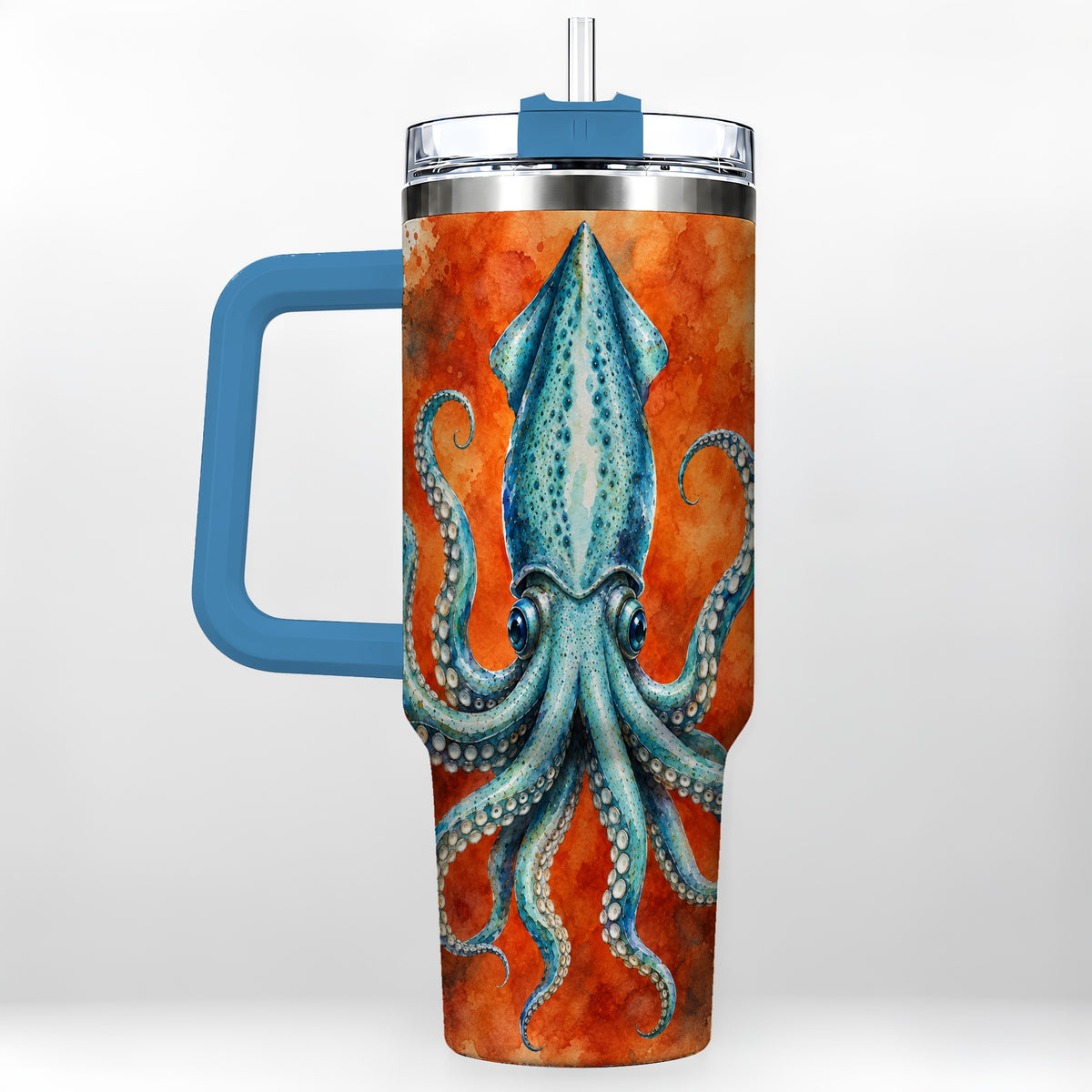 #pl[40oz|Blue] Watercolor Blue Squid 40oz Tumbler with Handle, Ocean Creature Travel Cup