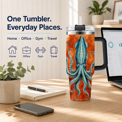 #pl[40oz|Black] Watercolor Blue Squid 40oz Tumbler with Handle, Ocean Creature Travel Cup