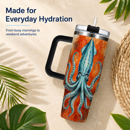 #pl[40oz|Black] Watercolor Blue Squid 40oz Tumbler with Handle, Ocean Creature Travel Cup