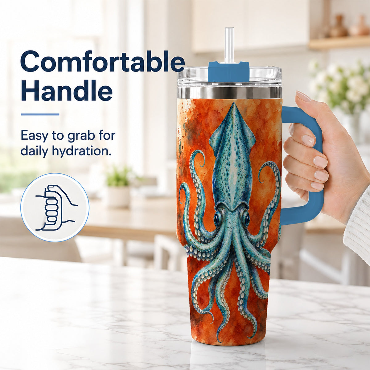 #pl[40oz|Blue] Watercolor Blue Squid 40oz Tumbler with Handle, Ocean Creature Travel Cup