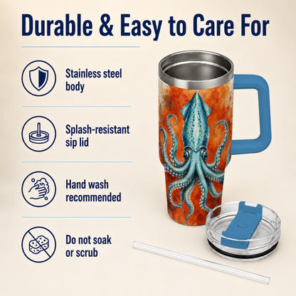 #pl[40oz|Blue] Watercolor Blue Squid 40oz Tumbler with Handle, Ocean Creature Travel Cup
