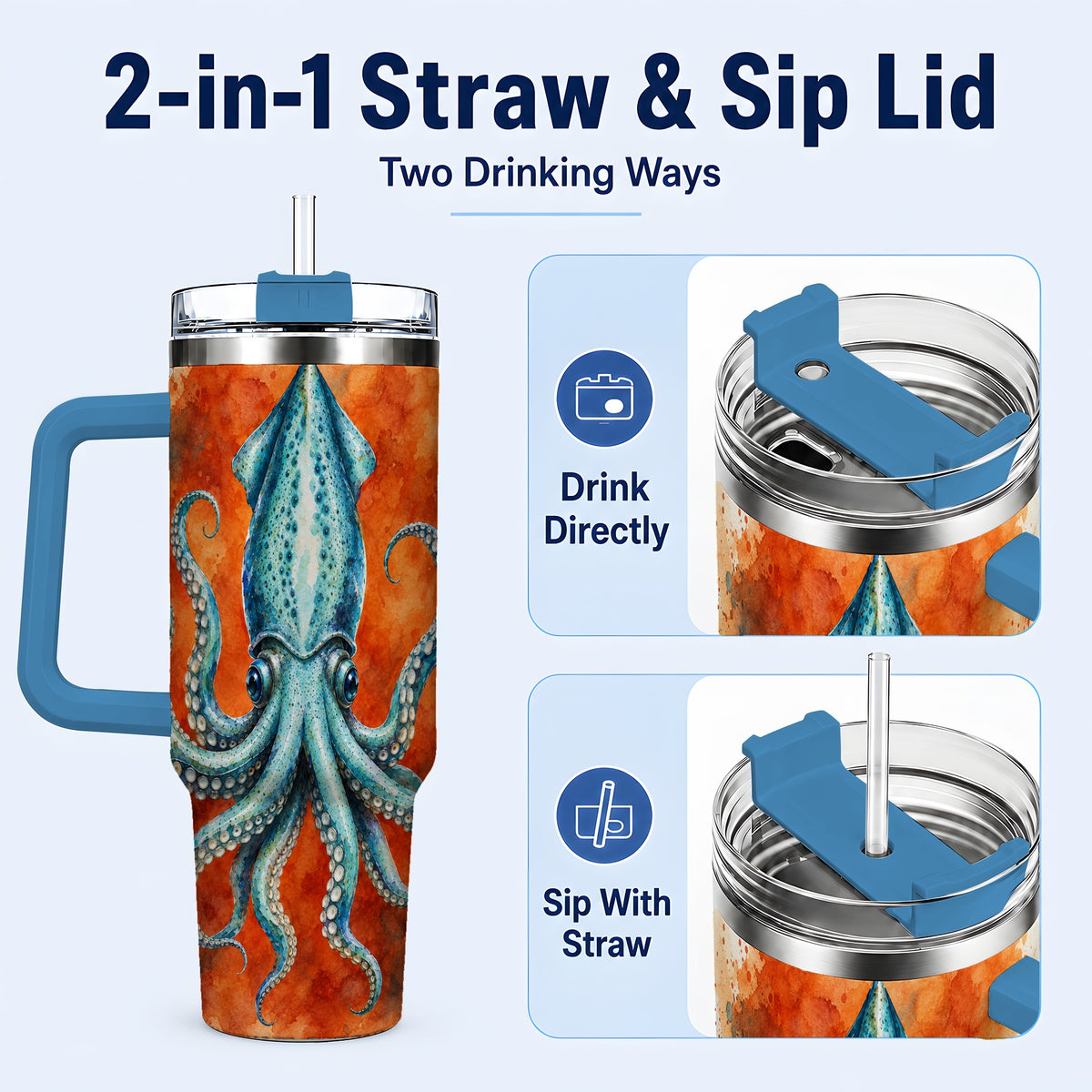 #pl[40oz|Blue] Watercolor Blue Squid 40oz Tumbler with Handle, Ocean Creature Travel Cup
