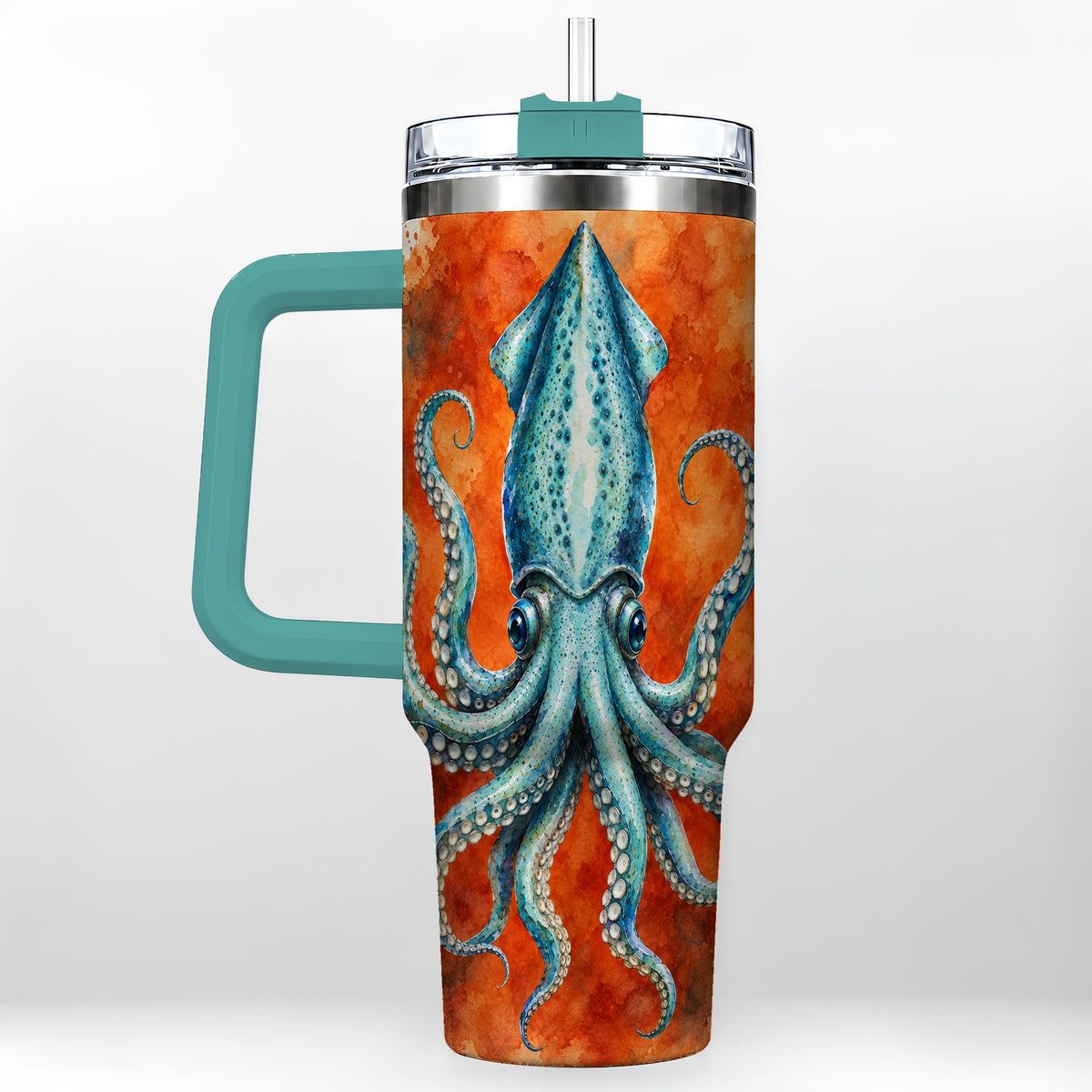 #pl[40oz|Green] Watercolor Blue Squid 40oz Tumbler with Handle, Ocean Creature Travel Cup