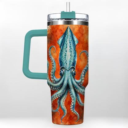 #pl[40oz|Green] Watercolor Blue Squid 40oz Tumbler with Handle, Ocean Creature Travel Cup