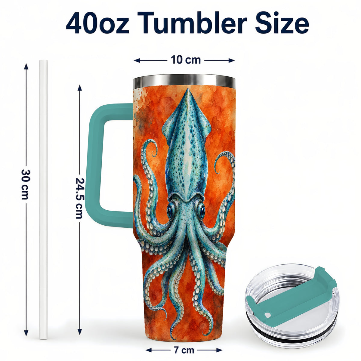 #pl[40oz|Green] Watercolor Blue Squid 40oz Tumbler with Handle, Ocean Creature Travel Cup