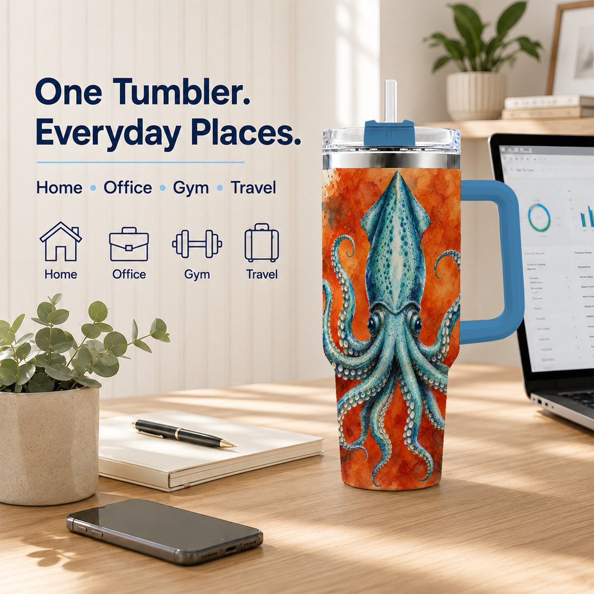 #pl[40oz|Blue] Watercolor Blue Squid 40oz Tumbler with Handle, Ocean Creature Travel Cup