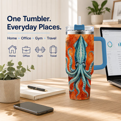 #pl[40oz|Blue] Watercolor Blue Squid 40oz Tumbler with Handle, Ocean Creature Travel Cup