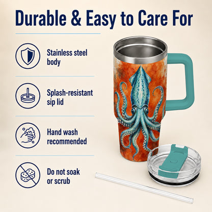 #pl[40oz|Green] Watercolor Blue Squid 40oz Tumbler with Handle, Ocean Creature Travel Cup