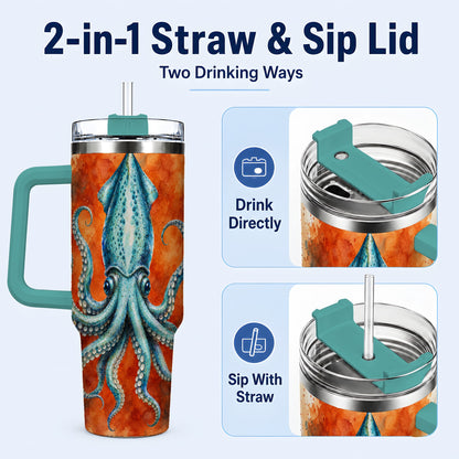 #pl[40oz|Green] Watercolor Blue Squid 40oz Tumbler with Handle, Ocean Creature Travel Cup