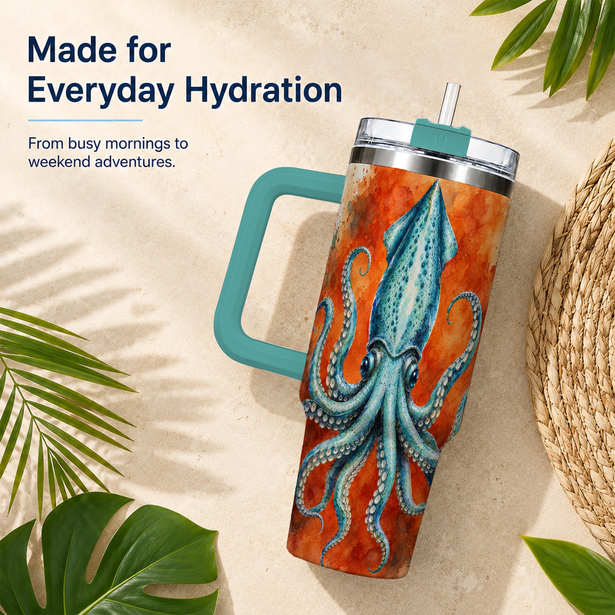 #pl[40oz|Green] Watercolor Blue Squid 40oz Tumbler with Handle, Ocean Creature Travel Cup