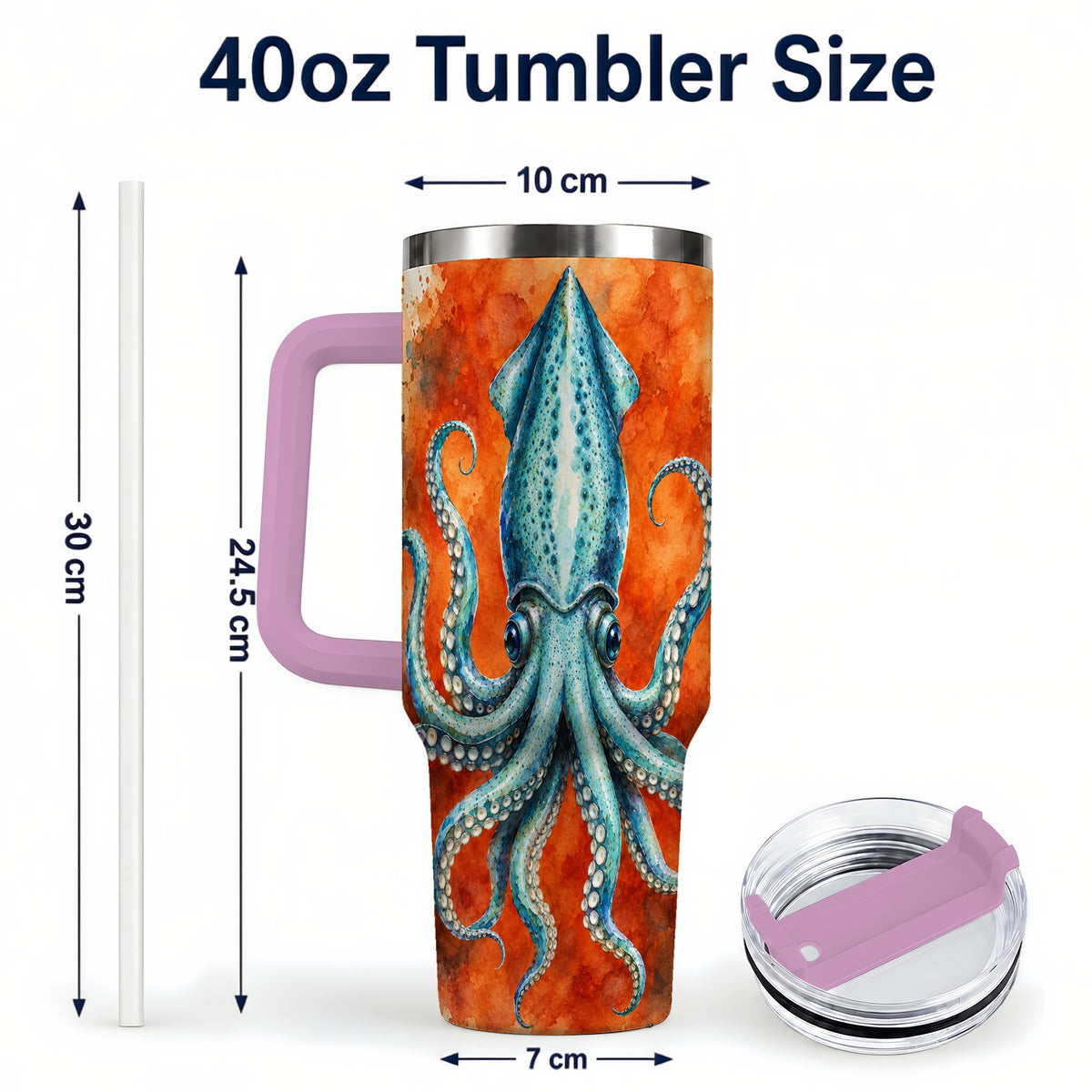 #pl[40oz|Pink] Watercolor Blue Squid 40oz Tumbler with Handle, Ocean Creature Travel Cup