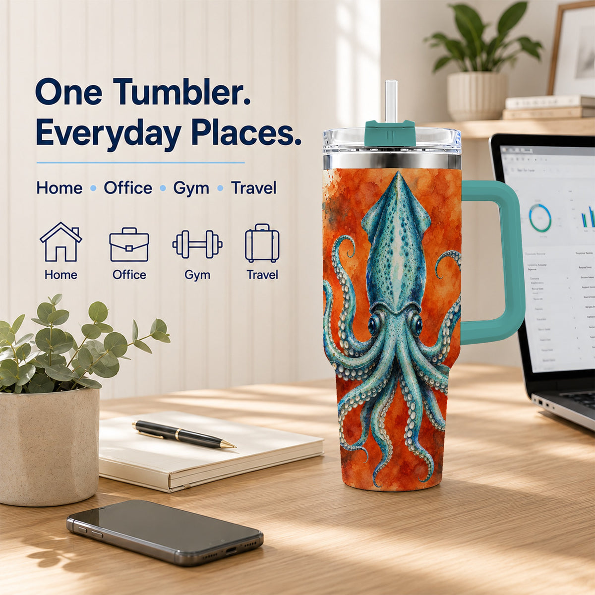 #pl[40oz|Green] Watercolor Blue Squid 40oz Tumbler with Handle, Ocean Creature Travel Cup