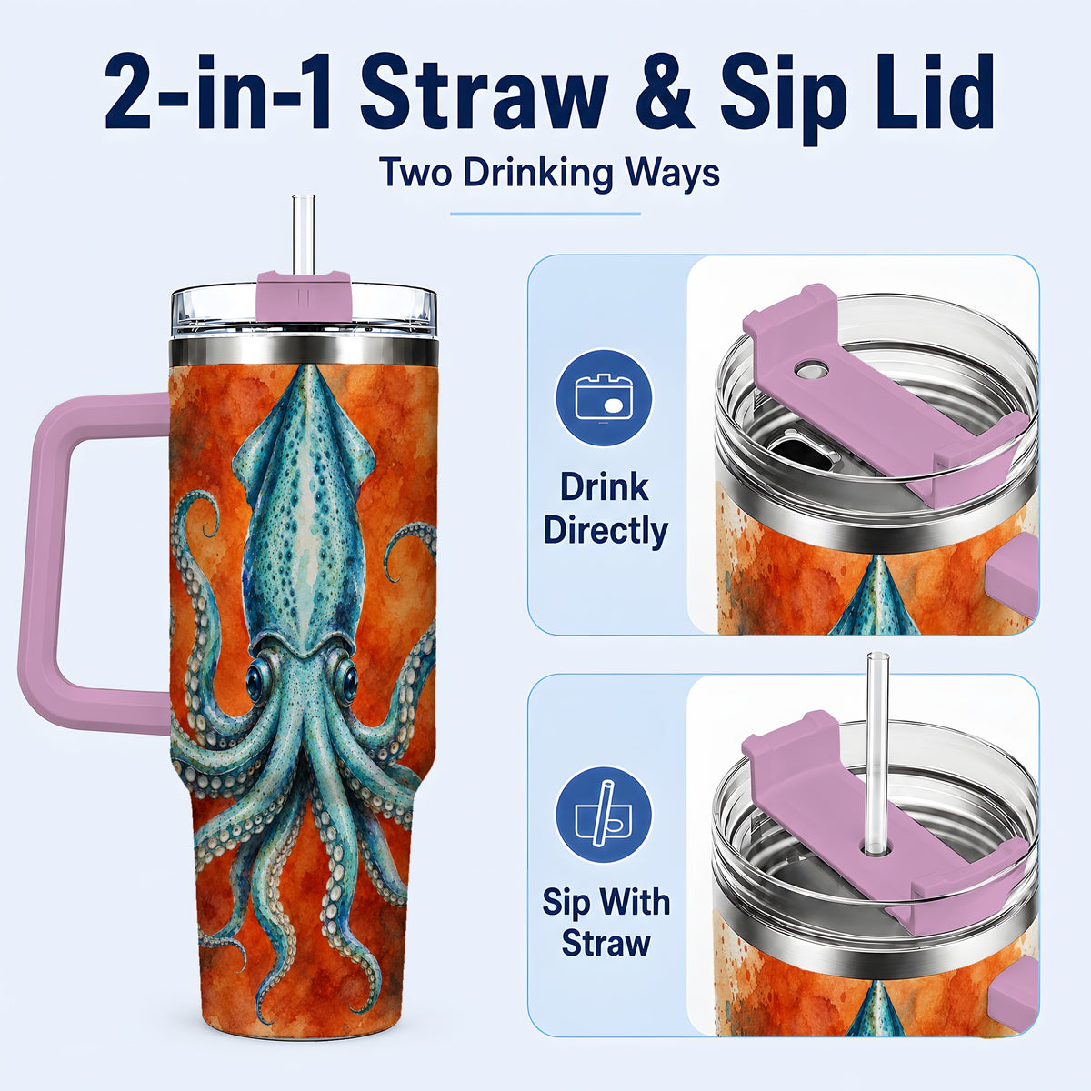 #pl[40oz|Pink] Watercolor Blue Squid 40oz Tumbler with Handle, Ocean Creature Travel Cup