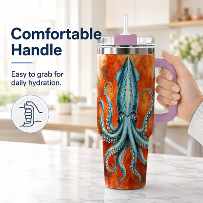 #pl[40oz|Pink] Watercolor Blue Squid 40oz Tumbler with Handle, Ocean Creature Travel Cup