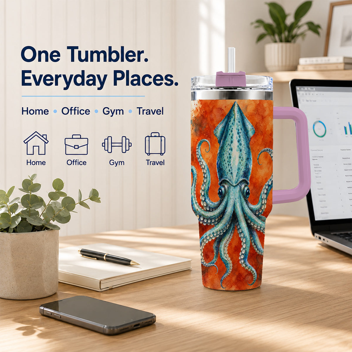 #pl[40oz|Pink] Watercolor Blue Squid 40oz Tumbler with Handle, Ocean Creature Travel Cup