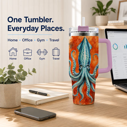 #pl[40oz|Pink] Watercolor Blue Squid 40oz Tumbler with Handle, Ocean Creature Travel Cup