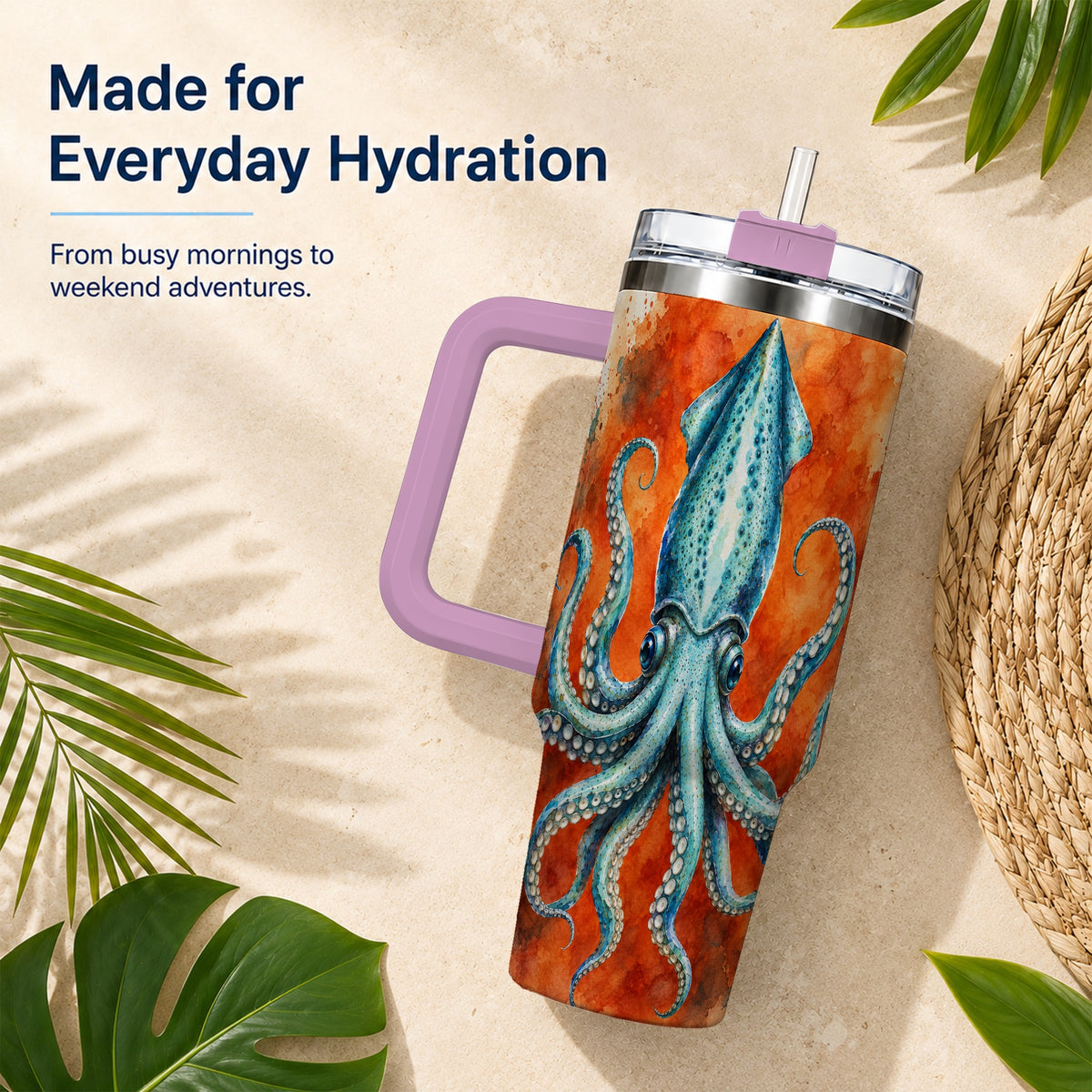 #pl[40oz|Pink] Watercolor Blue Squid 40oz Tumbler with Handle, Ocean Creature Travel Cup
