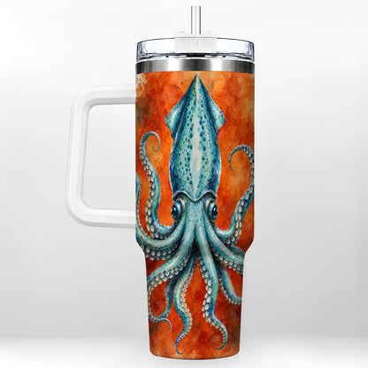Watercolor Blue Squid 40oz Tumbler with Handle, Ocean Creature Travel Cup